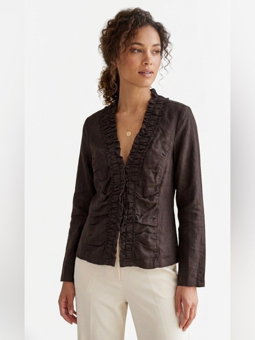 Alice Blue NEW Linen Ruched Jacket Blazer Gathered Ruffle Brown Shirt Neutral L